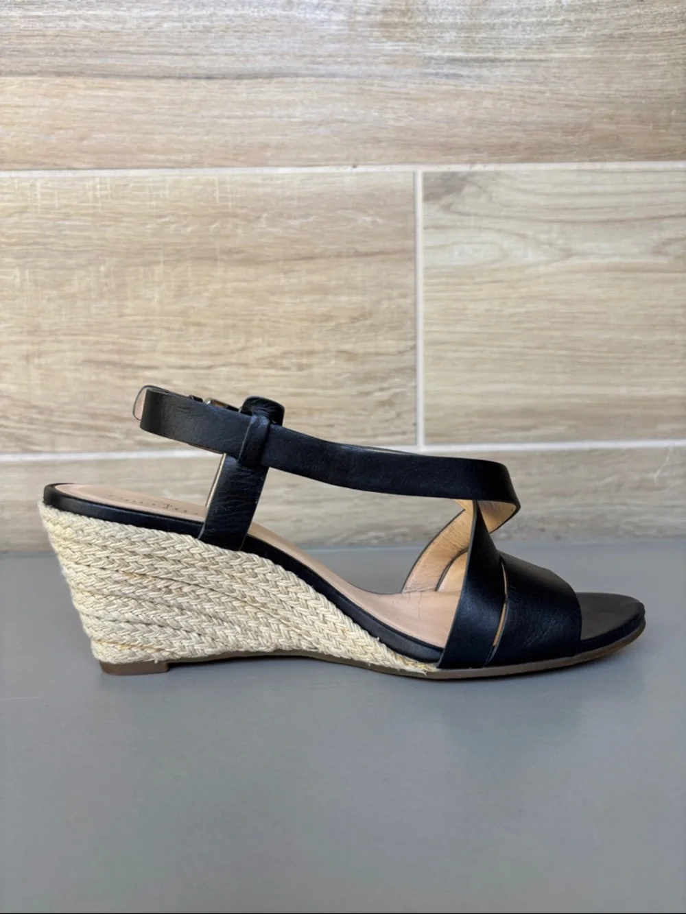 Cole Haan Black Leather Espadrille Taylor Wedge Sandal 7B